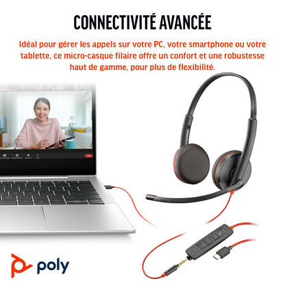 Micro-casque POLY Blackwire 3225 stéréo USB + Connexion 3,5 mm (8X229AA)