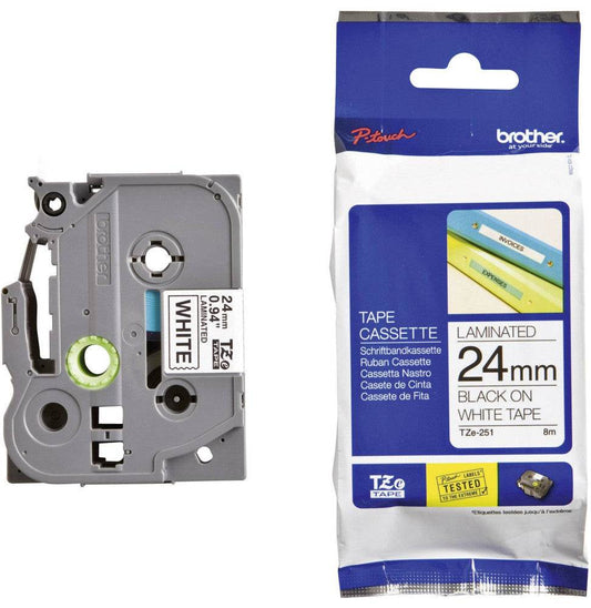 Cassette à ruban Brother TZe-251 - Noir sur blanc, 24 mm de large / 8 m de long - Logically
